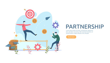 Fototapeta na wymiar Business partnership relation concept idea with tiny people character. team working partner together template for web landing page, banner, presentation, mockup, social media. Vector illustration