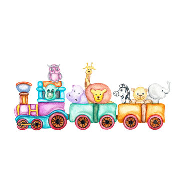 Watercolor isolated illustration of animal train