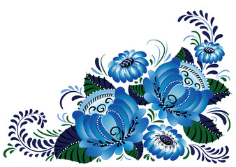 Decorative composition with blue flowers. Traditional Russian floral ornament from the Volkhov river region. Illustration, vector - 235094533