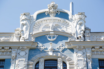 Detail of Art Nouveau (Jugenstil) building in The historic center of Riga, Latvia.