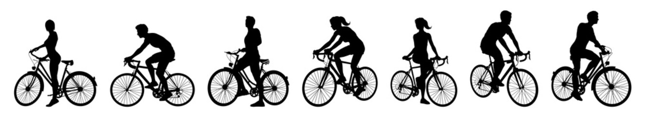 Fototapeta na wymiar A set of bicycle cyclists riding their bikes in silhouette 