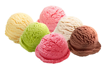 Vanilla, chocolate and strawberry ice cream scoops isolated on white background