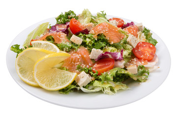 vegetable salad with tofu and salmon, lettuce and cherry tomatoes, decorated with a slice of lemon, on a plate, on a white background, isolate