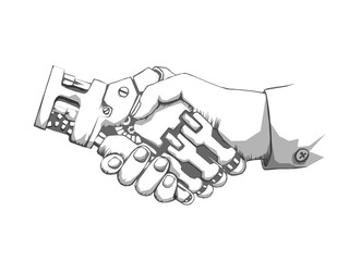 Business human and robot hands shake. Concept future business illustration. Future concept Connection structure. Vector science