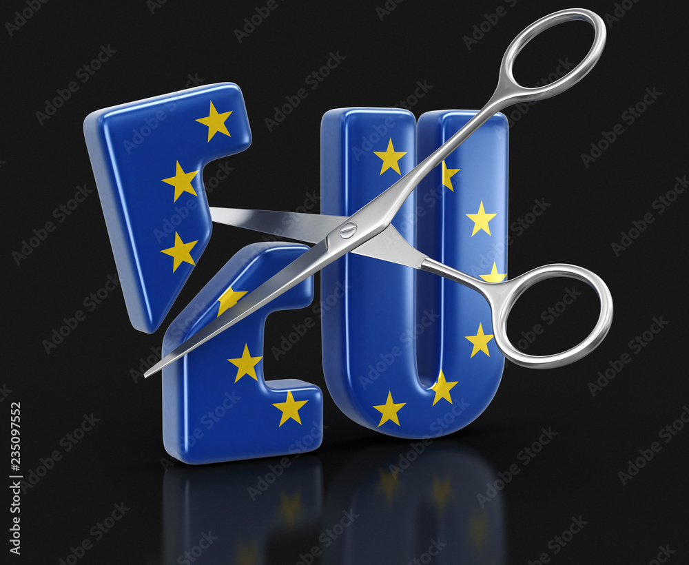 Poster scissors and text eu with flag. image with clipping path