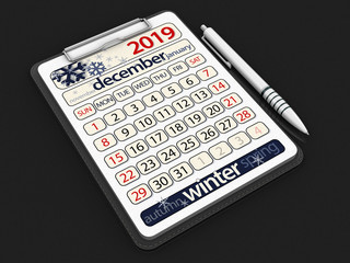 Clipboard with December 2019. Image with clipping path