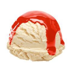 Vanilla ice cream scoop with strawberry sauce or syrup isolated on white background including...
