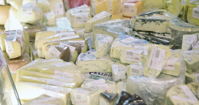 4k footage of a cheese counter at the St. Lawrence Market in Toronto, Canada