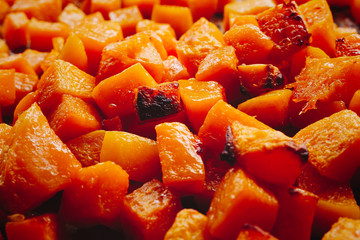 Close up of roasted butternut squash cubes