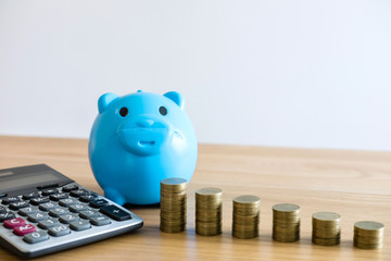 Saving money for future, Coin stacks for step up growing business to profit and saving with piggy...