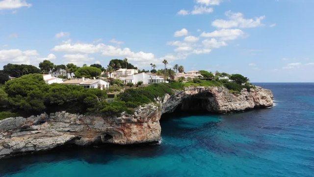 Aerial view, Flight over Porto Cristo Novo, Cala Mendia coast with villas and natural harbor, Mallorca, Balearic Islands, Spain