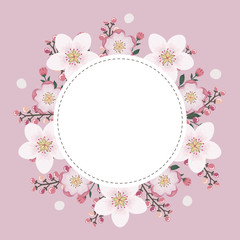 Floral greeting card and invitation template for wedding or birthday anniversary, Vector circle shape of text box label and frame, Pink sakura flowers wreath ivy style with branch and leaves.
