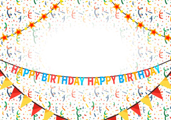 Happy Birthday congratulations template with text plate on background with balloons, buntings garlands and confetti