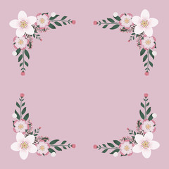 Floral greeting card and invitation template for wedding or birthday anniversary, Vector square shape of text box label and frame, Pink sakura flowers wreath ivy style with branch and leaves.