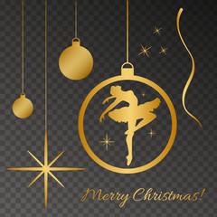 Gold silhoette of dancind balerina, christmas ball, Merry christmas text and twinkle lights. Vector, Eps 10