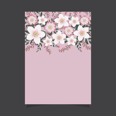 Common size of floral greeting card and invitation template for wedding or birthday anniversary, Vector shape of text box label and frame, Pink sakura flowers wreath ivy style with branch and leaves.