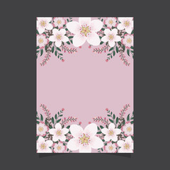 Common size of floral greeting card and invitation template for wedding or birthday anniversary, Vector shape of text box label and frame, Pink sakura flowers wreath ivy style with branch and leaves.