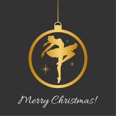 Vector Illustration with Christmas ball, dancing balerina silhouette and Merry Christmas text in black and gold colors. Perfect for greeting cards design, beauty posters, fashion banners. Eps10 © flammynga