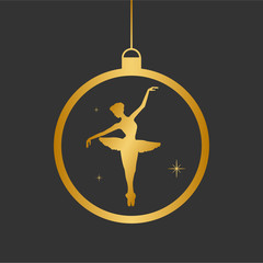 Vector Illustration with Christmas ball with dancing balerina silhouette in black and gold colors. Perfect for greeting cards design, beauty posters, fashion banners. Eps10 © flammynga