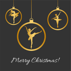 Vector Illustration with Christmas balls, dancing balerina silhouette and Merry Christmas text in black and gold colors. Perfect for greeting cards design, beauty posters, fashion banners. Eps10