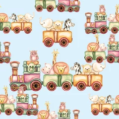 Wall murals Animals in transport Watercolor seamless pattern of animal train