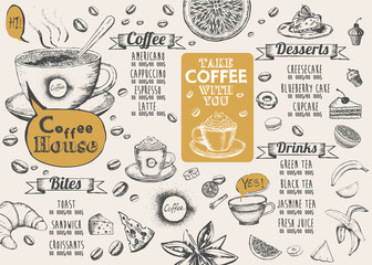 Coffee house menu. Restaurant cafe menu, template design. Food flyer.
