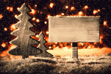 White Sign, Christmas Tree, Snowflakes, Copy Space, Snow