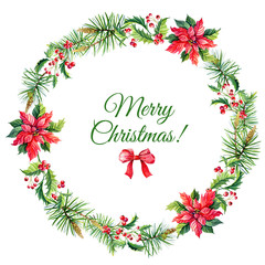 Watercolor Merry Christmas Wreath with Red poinsettia flowers,Holly