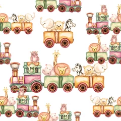 Cercles muraux Animaux en transport Modèle sans couture aquarelle de train d& 39 animaux