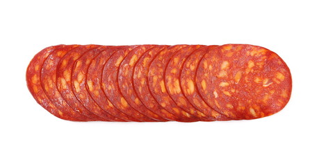 Spicy salami sausage slices isolated on white background, top view