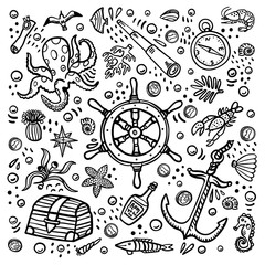 Sea adventures template. Marine hand drawn vector objects. Doodle style vector illustration.
