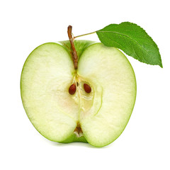 Half green apple with leaf on white background including clipping path
