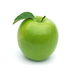 Whole green apple with leaf on white background including clipping path