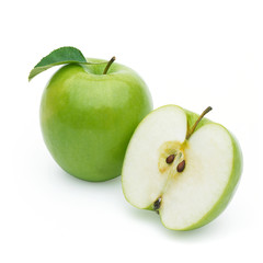 Whole and half green apple with leaf on white background including clipping path including clipping path