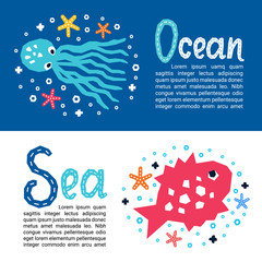 Cutout marine style kids design element paper flyers. Lettering titles Sea, Ocean. Vector EPS 10 funny cartoon doodle background of fish, octopus, starfish © shevalierart
