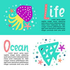 Cutout marine style kids design element paper flyers. Lettering titles Life, Ocean. Vector EPS 10 funny cartoon doodle background of fish, calmar, starfish