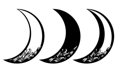 crescent moon with floral ornament pattern - black and white vector design set