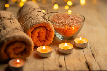 Composition of spa treatment on a wooden background, relaxation and beauty with space for designer