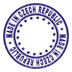 MADE IN CZECH REPUBLIC stamp seal watermark with distress texture. Designed with round shapes and stars. Blue vector rubber print of MADE IN CZECH REPUBLIC title with corroded texture.
