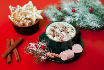 cup of hot cocoa with marshmallow, cookies, fir-tree on wooden background