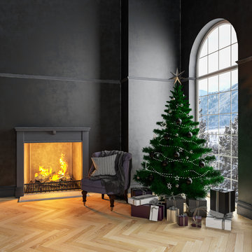 Black interior with christmas tree, armchair, gifts, pillow, wall panels and fireplace. 3D render illustration mock up.