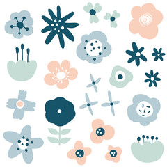 Flower simple minimalistic set. Abstract floral collection with hand drawn modern plants, flowers and leaves.