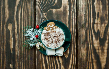 cup of hot cocoa with marshmallow, cookies, fir-tree on wooden background