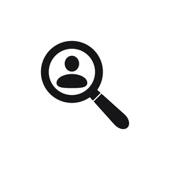 People search vector icon. Magnifying glass with man inside. Vector illustration, flat design.