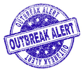 OUTBREAK ALERT stamp seal watermark with distress texture. Designed with rounded rectangles and circles. Blue vector rubber print of OUTBREAK ALERT caption with grunge texture.
