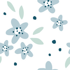 Flower simple minimalistic seamless pattern. Graphic design for paper, textile print, page fill. Abstract floral background with hand drawn modern plants, flowers and leaves. Blue, white