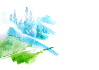     Watercolor art illustration. Drawing of the blue, green forest, pine tree, spruce, cedar. Dark, dense forest, suburban landscape. Postcard, logo, card. Misty forest, haze.  Watercolor splash, logo