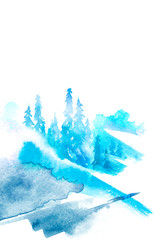 Watercolor art illustration. Drawing of the blue forest, pine tree, spruce, cedar. Dark, dense forest, suburban landscape. Postcard, logo, card. Misty forest, haze.