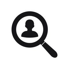 People search vector icon. Magnifying glass with man inside. Vector illustration, flat design.