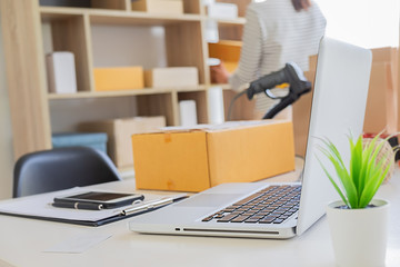 Delivery service courier driver driving with with boxes in hands. Delivery concept.